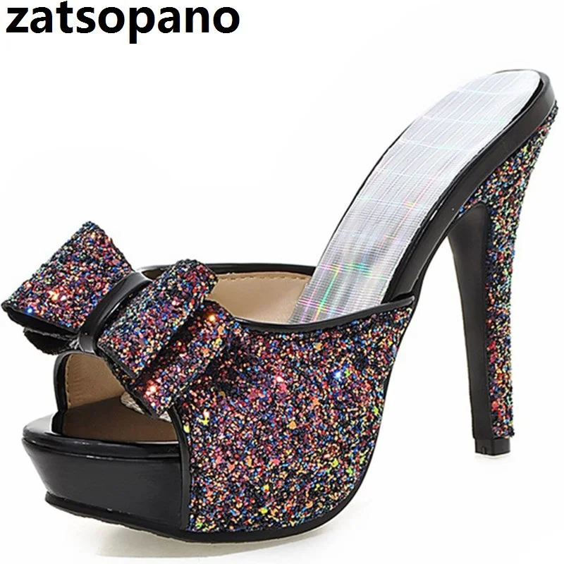 

Zatsopano Large Size 33-43 Peep Toe 12cm High Heels Women Shoes Pumps Woman Sexy Bling Upper Platform Bride Mules Shoes Woman