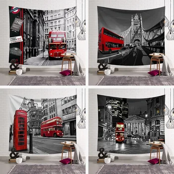 

Vintage British Bus Pattern Wall Hanging Tapestry Polyester Fabric Big Ben Telephone Booth Printing Decoration Camping Mat Home
