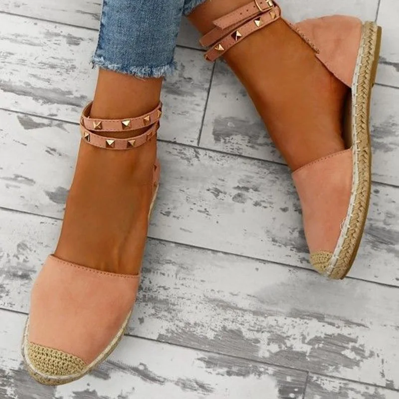 

Laamei Espadrilles Sandalias Women Sandals Rivet Faux Suede Flat Sandals Gladiator Woman Shoes Straw Sewing Footwear For Girls