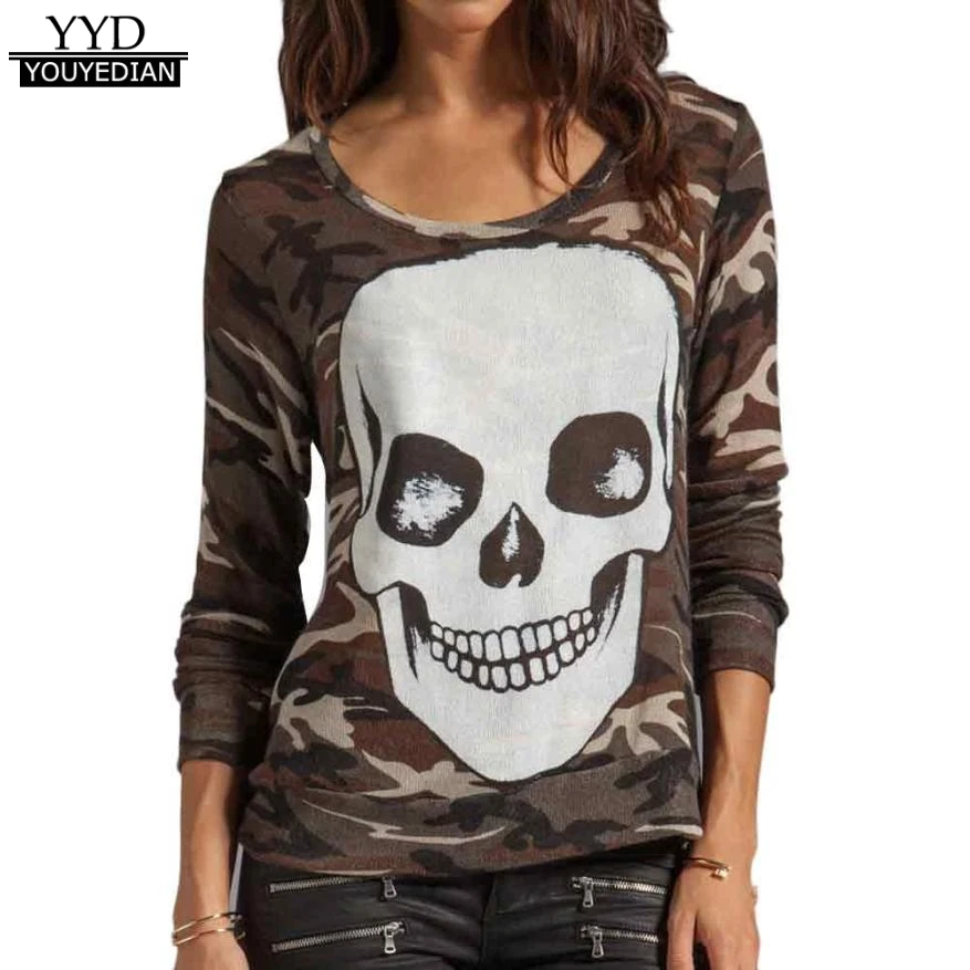 2016 New Fashion Skull T shirt Camouflage Print Women Long