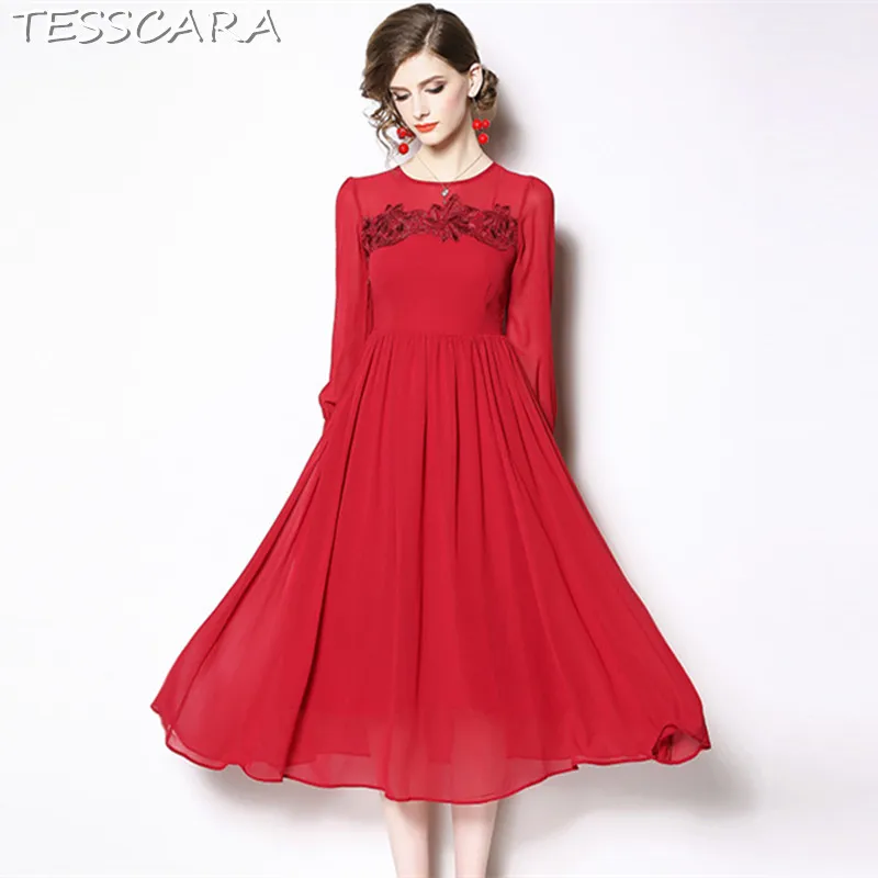 Red Dresses Elegant Dress Women Vintage Elegant Red Chiffon Dress