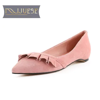 

MLJUESE 2018 women flats Kid Suede pointed toe pink color pleated soft flats shoes spring comfortable casual flats party dress