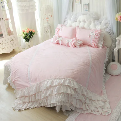 Luxury Cotton 4pcs Pink Bedding Set High Quality Queen Lace Bed Set Princess Pink Bedding Set ...