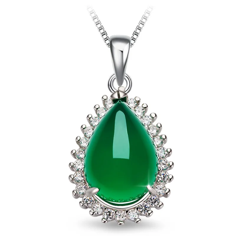 

New 925 Silver Green Agate Pendant chalcedony pure pendant fashion simple chain necklace jewelry