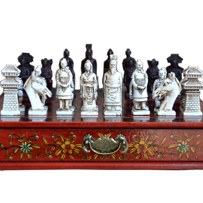 Chinese Retro Terracotta Warriors Chess Vintage Carving Resin Chessman Christmas Birthday Premium Gift Quality Wood Material