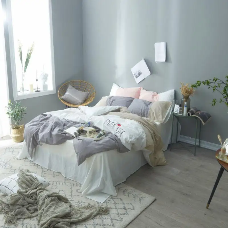 

100%Cotton Soft White Gray Bed Sheet Fitted sheet set Bedding Set Duvet Cover King Queen Twin size Bed set parure de li