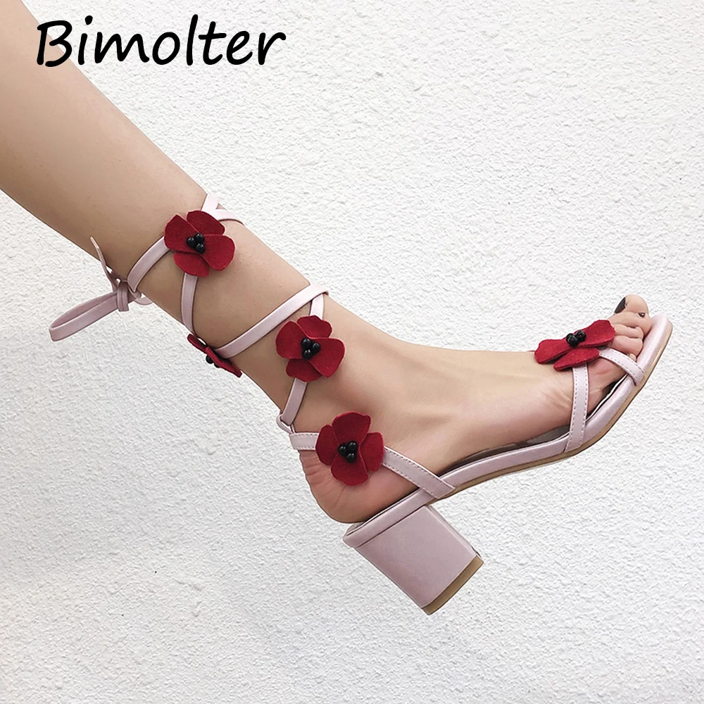 

Bimolter Sweet Flower Sandals For Girls Lace up Buckle Shoes Women Floral 3.5cm Heel Pink Handmade Shoes Size 33-42 NB098