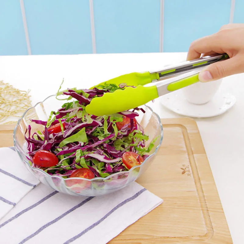 1pc Silicone Serving BBQ Tongs Salad Food Buffet Clip Steel Handle Kitchen Tool Color Random
