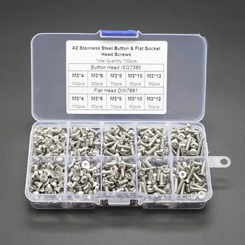 

720pcs M3 A2 Stainless Steel Button/Flat Head Screws Hex Socket Head Cap Screw Set
