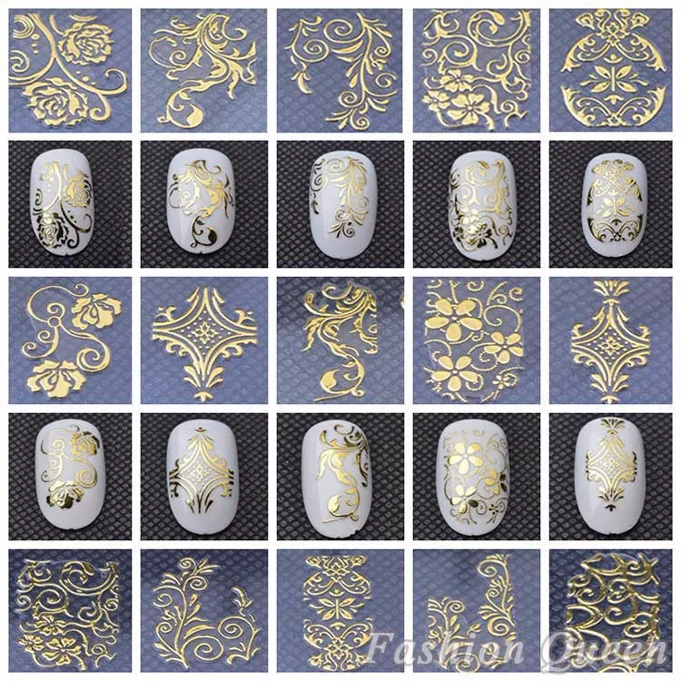 Горячие золотые наклейки для стикеры 3D на ногти Nail Art, 108 шт/лист, высокое качество, металлические цветы, смешанный дизайн, Типсы для ногтей, аксессуары, инструмент для украшения