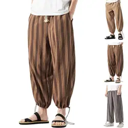 Мужские тонкие широкие прямые брюки в разноцветную полоску, хлопковые льняные повседневные штаны, летние, большие размеры, уличная одежда