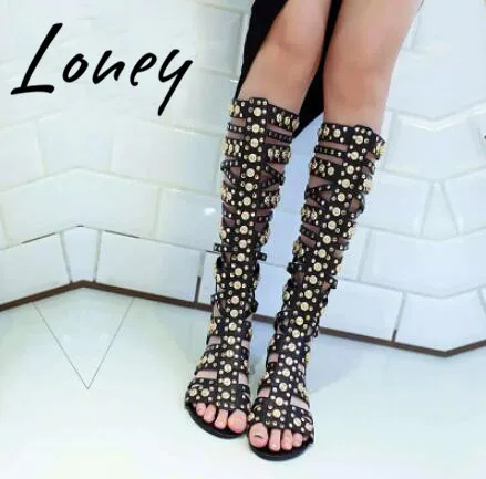 

Loney New Genuine Leather Metal Studded Summer Sandals Open Toe Knee HIgh Flats Sandals Shoes Women