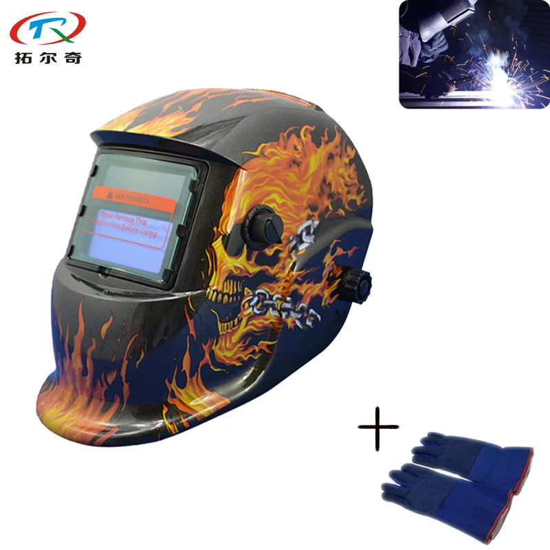 

PP Material Welding Helmet Auto Darkening ADF Fast Adjustable with Black Flame Skull Weld Glove Best Quality TRQ-HD07-2200DE