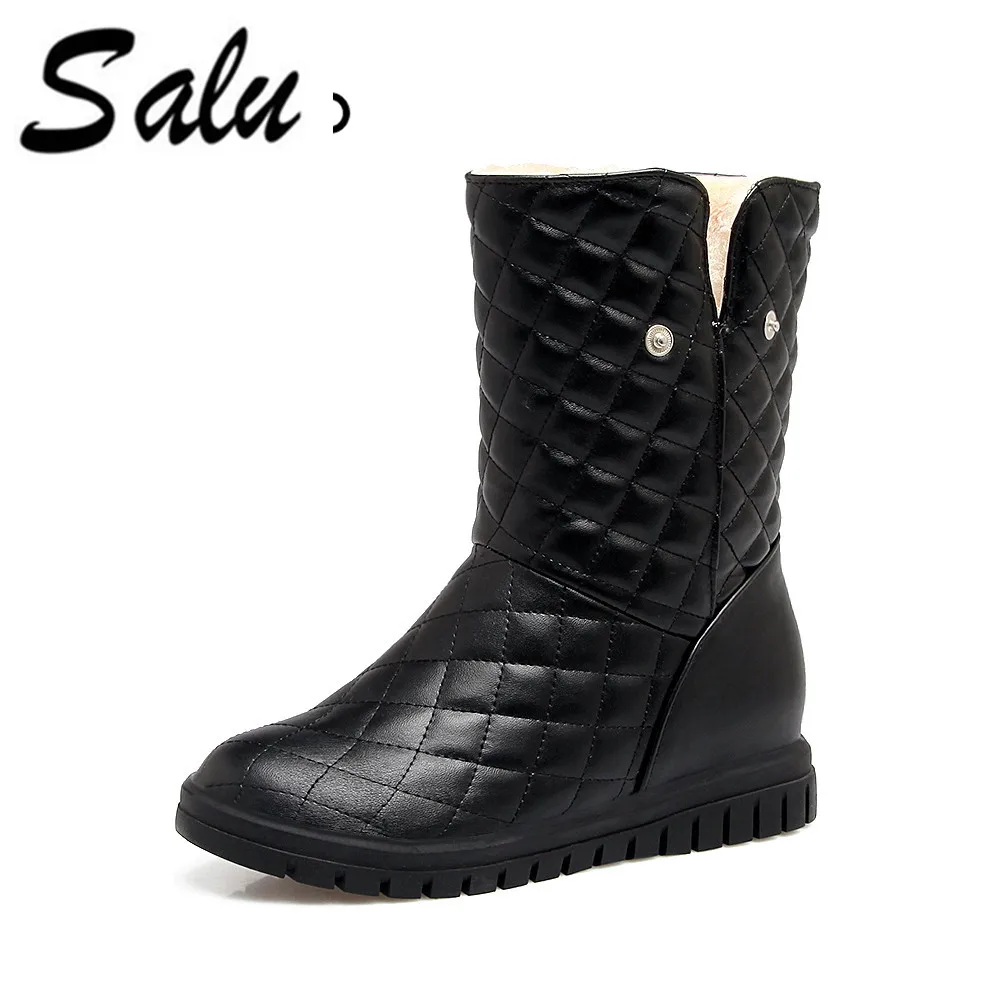 

Salu Winter Boots Women 2019 Fashion Black Shoes Women Fur Warm Mid Calf Buckle Snow Boots Platform Shoes botas zapatos mujer