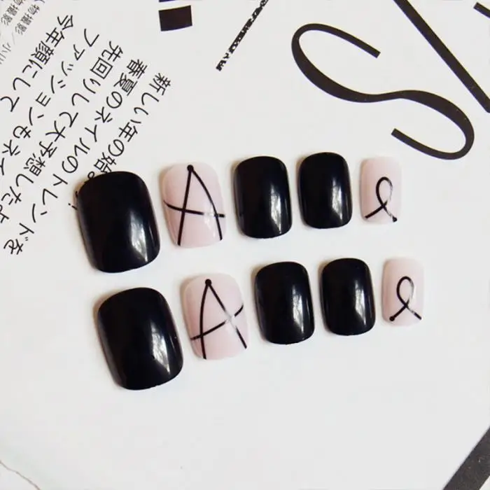 24 шт модные простые черные линии прозрачные акриловые поддельные ногти нормальный квадратный матовый искусственные накладные ногти с клеем