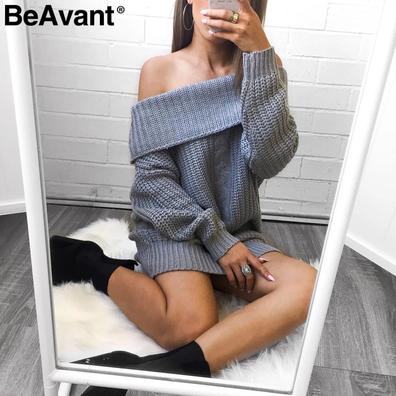 BeAvant Tricot с открытыми плечами зимнее свободное платье женское вязаное платье-свитер большого размера осеннее Новое Повседневное платье-пуловер