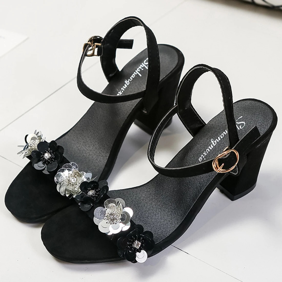 

Suede Bling Sexy Rhinestones Flower Women Sandals Breathable Summer Open Toe Sandals Thick Heel High-heeled Shoes Black