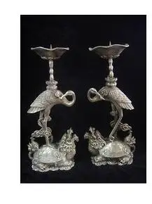 

A pair of chinese Tibet Silver candlestick carved turtle crane Garden Statue decoration bronze factory outlets
