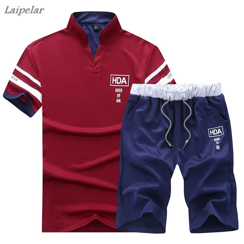 

Casual Suit Men Summer Sets Tracksuits Brand Clothing Stand Collars Streetwar Tops Tees+Shorts Fashion Mens Set Camisetas Hombre