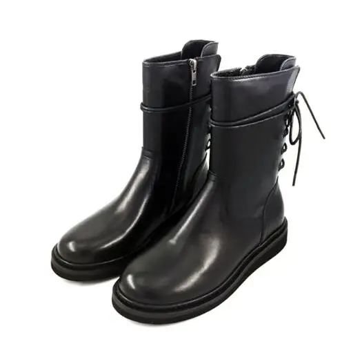 

Drop Shipping Cheap High Quality Girls Pu Solid Black Round Toe Zipper Lace Up Back Mid-calf High Top Flat Martin Short Boots