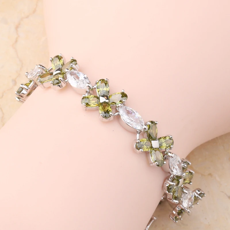 Серебряная цепочка браслет 6 7 дюймов L10130 Зеленый Перидот белый цирконий |