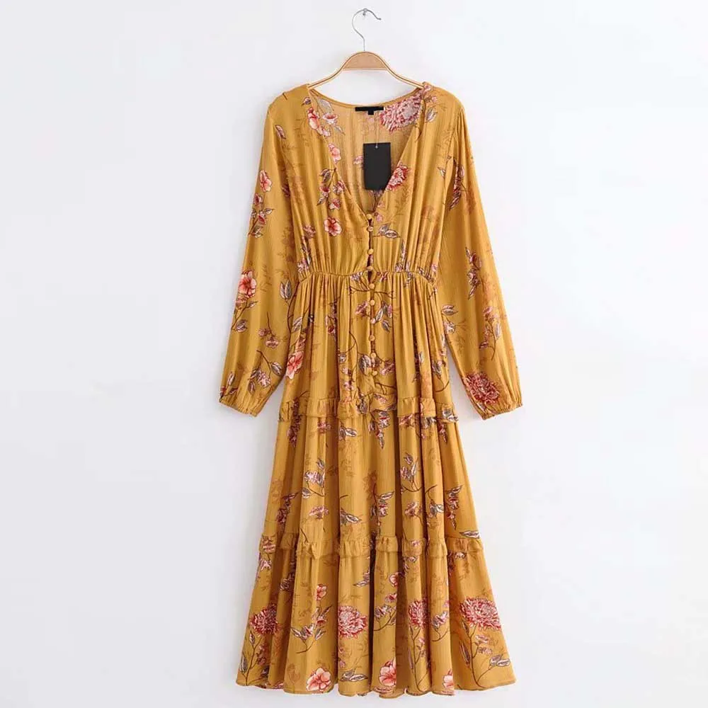 

ANSFX Vintage Ethnic Yellow Floral Print Elastic Waist A-Line Dress Fashion Women Deep V-Neck Button Bohemia Max Swing Dress