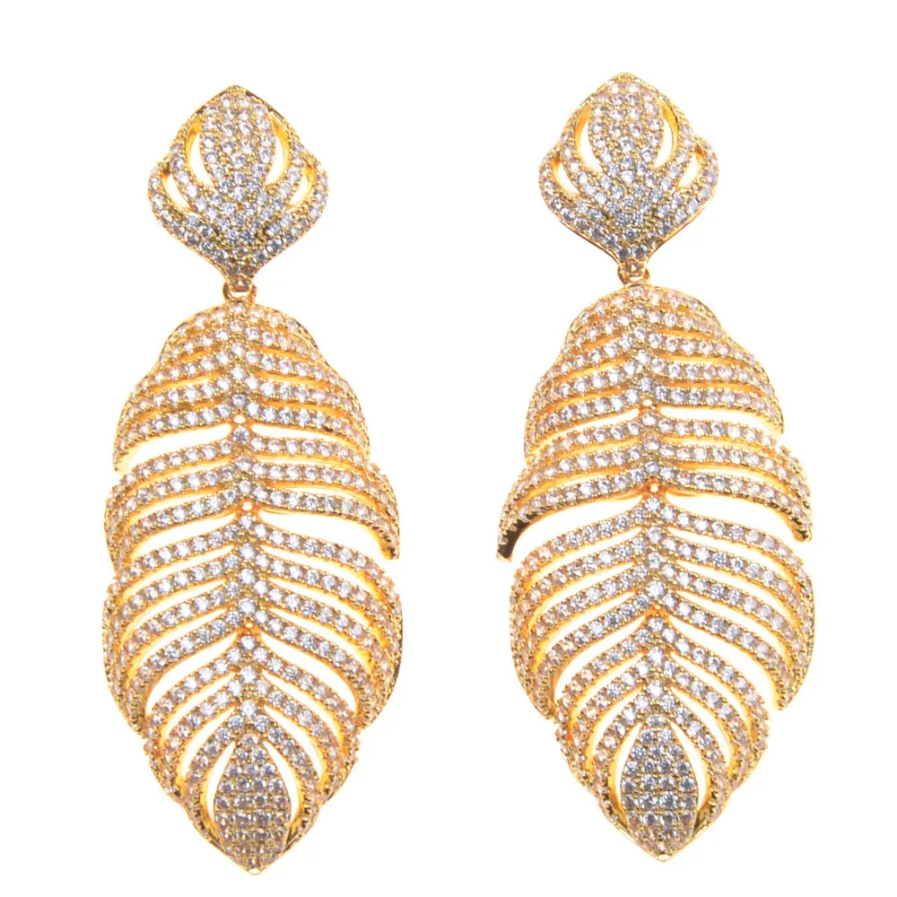 Роскошные Популярные серьги SLJELY с перьями выложенные кристаллами циркония Naija