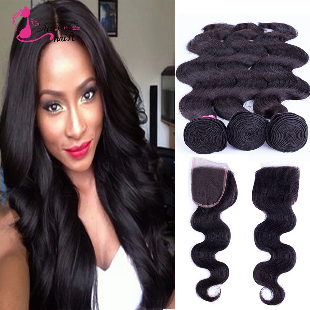 Brazilian Lace Closure Bleached Knots 7A Virgin Hair Bundles 4*4 Virgin Hair Body Wave Curly