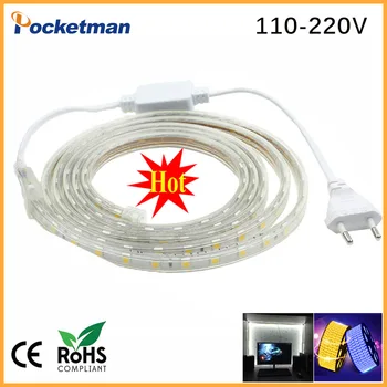 

2018 HOT SMD 5050 AC110V 220V led strip flexible light 1M/3M/5M/8M/10M/15M/20M +Power Plug 60leds/m Waterproof led light