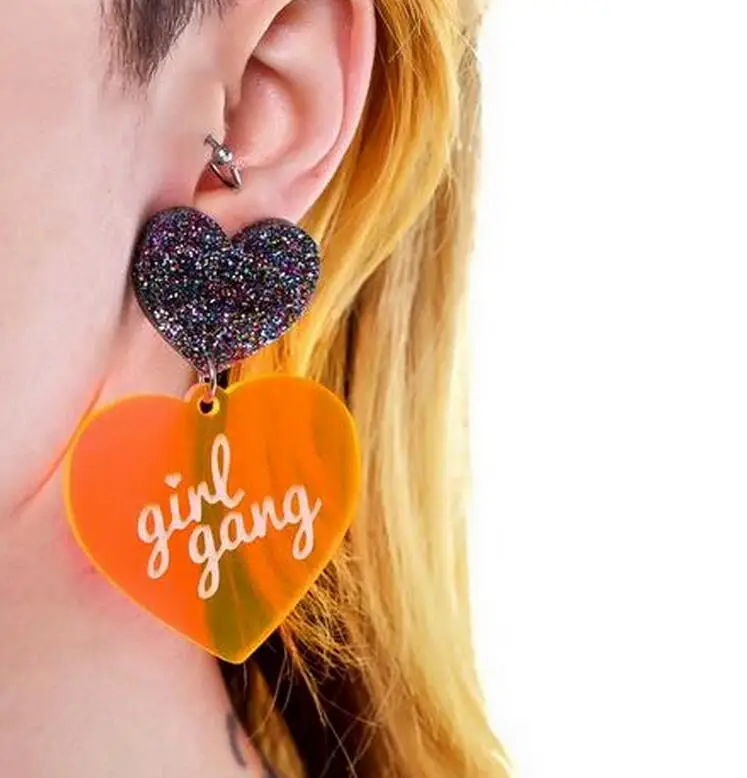 

2018 New Trendy Jewelry Acrylic Heart Tassel Earrings for Womens Pendientes Pink Glitter Long Drop Earring Oorbellen Brincos