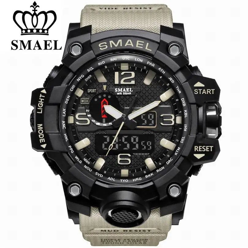SMAEL – montre-bracelet analogique à Quartz pour hommes, accessoire de mode, étanche, de sport, style militaire, de luxe, à double affichage, 1545