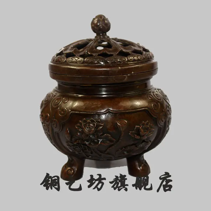 

SS 6" China Temple Buddhism Bronze Lotus Lucky Censer incense burner