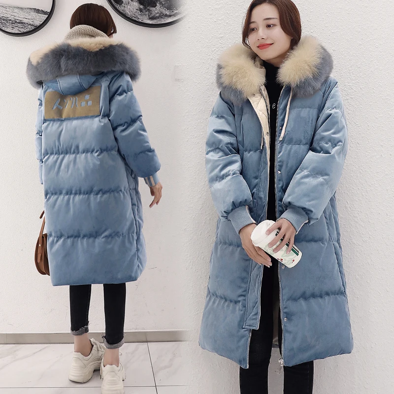 

2019 New Women's Winter Clothing Large Size Long Down Jacket Female Gold Velvet Blue Fur Collar Over the Knee Coat YYY359