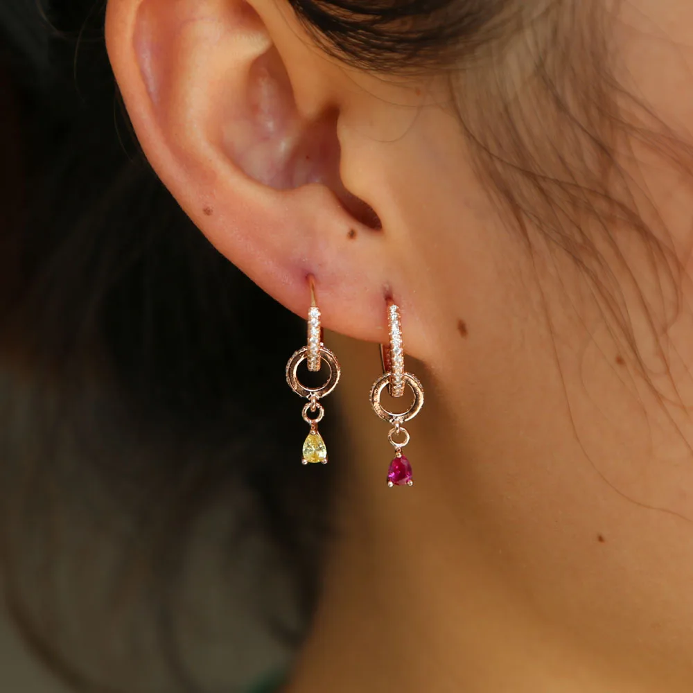 Water Drop cz charm Dangle Earrings Rose Gold color Earings Drop Circle