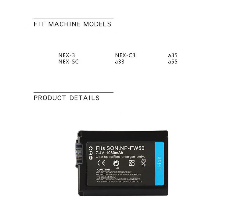 Dinto 1 шт. 1080 мА/ч, NP-FW50 NPFW50 Перезаряжаемые литий-ионный аккумулятор цифровой Камера Батарея для sony NEX-3 5C 5N C3 a33 a35 a55 NP FW50