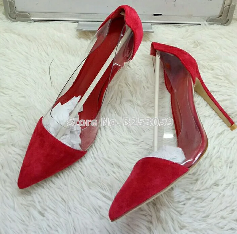 Designer Women Transparent PVC Pointed Toe Pumps Patchwork Clear See Through Patent Leather Shoes 10CM High Heel Dress Shoes