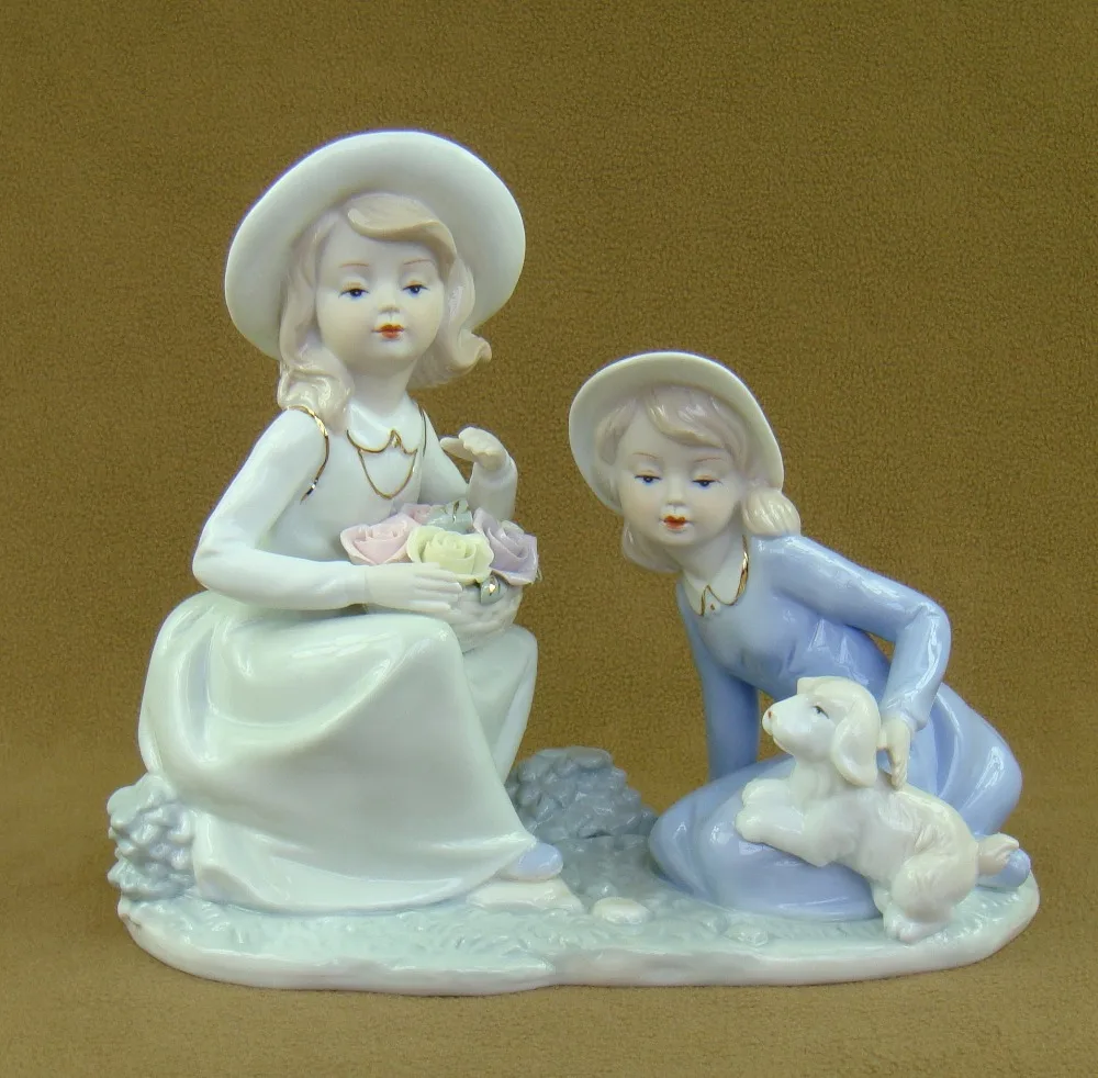 

Vintage Porcelain Children and Pet Dog Figurine Handmade Ceramics Doll Sisters Statuette Decoration Souvenir Gift Craft Ornament
