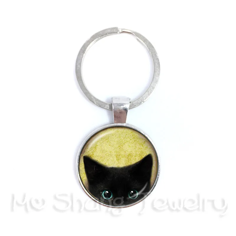 

Black Cat Peeping Picture Round Glass Dome Keychain Animal Pattern Series Key Holder Cat Lover Gift Handmade Fashion Keyring