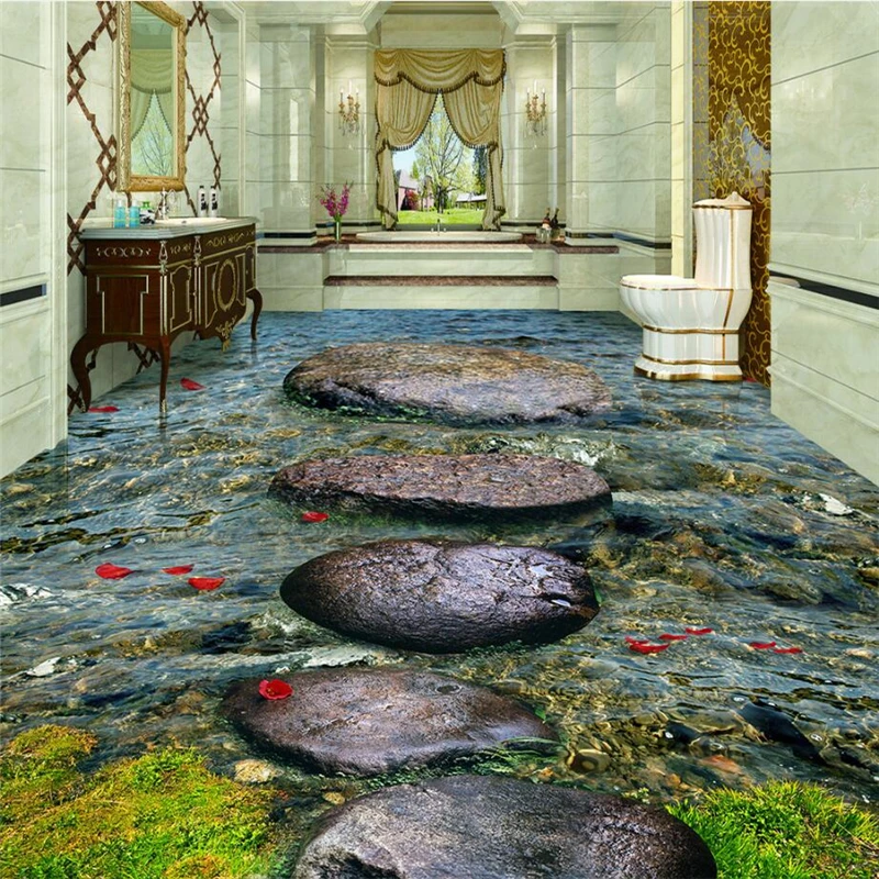 beibehang Custom Photo Wallpaper Wear Thicker PVC Wall Sticker Stone Creek River Bathroom 3D Floor Tile Tile Painting