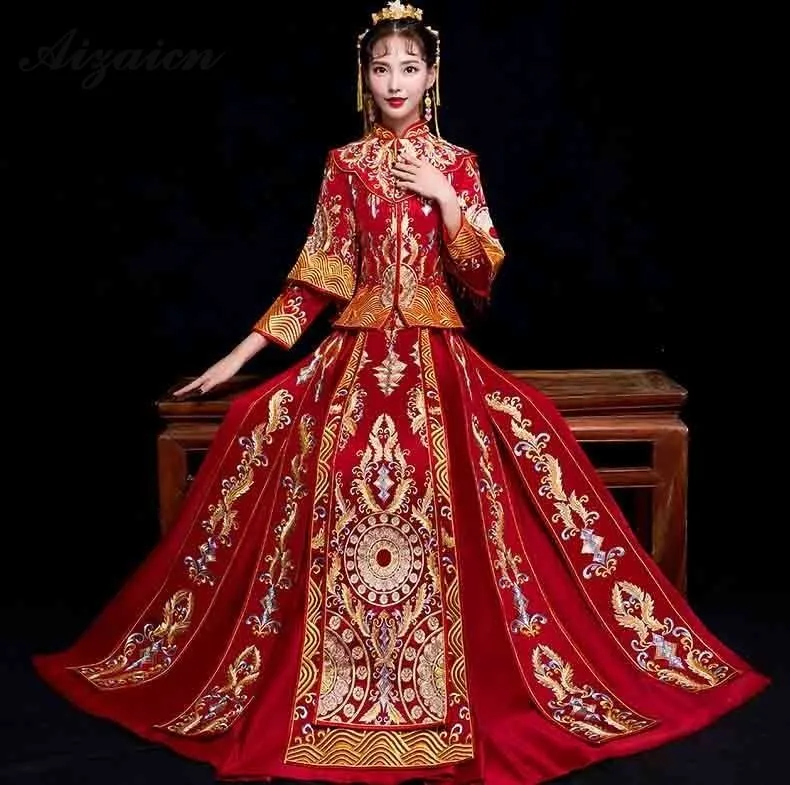 Невесты 2019 Новый феникс вышивка Cheongsam Красный кисточкой Ци Пао для женщин Китайский традиционный свадебный платье длинные китайское
