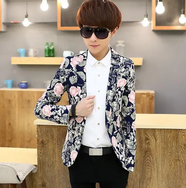 Young fashion handsome flowers printing suits mens korean casual jacket ...