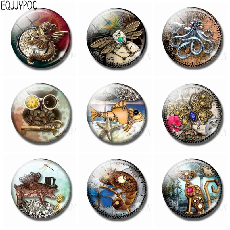 

Steampunk Fridge Magnet Whiteboard Decor Clock and Animals Seahorse Octopus Butterfly Cat Fish 30MM Glass Refrigerator Sticker