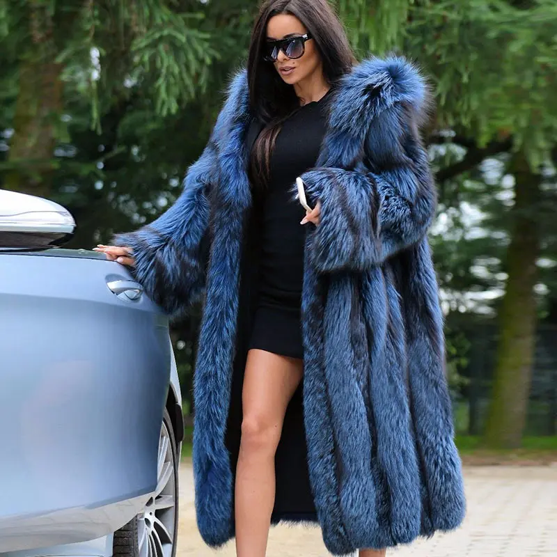 

2019 Surper Long Real Silver Fox Fur Coat Winter Outerwear With Hood Thick warm whose Skin Natural Fox Fur Coats for Lady