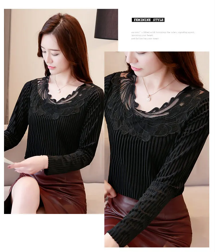 Winter Lace Patchwork Velour Blouse Women Plus Size Tops Ladies Casual Long Sleeve Femme Shirt Autumn Terciopelo Blusas Mujer (15)