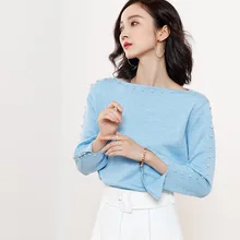 Autumn And Winter New Korean Style Women Slash Neck Shoulder Nail Beads Knit Sweater Long Sweaters Wholesale BA0021