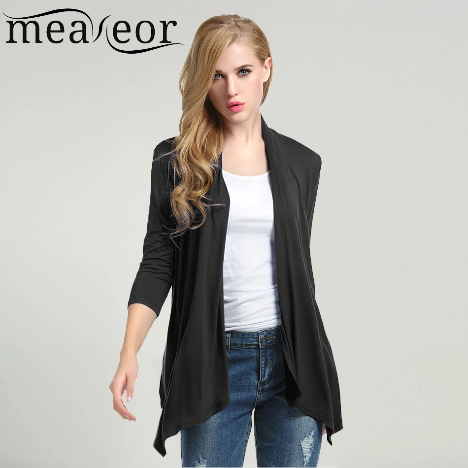 Meaneor Women Casual Cardigan For 2017 Fashion Autumn 3/4 Sleeve Solid Black Stretch fabric Asymmetric Hem Outwear |