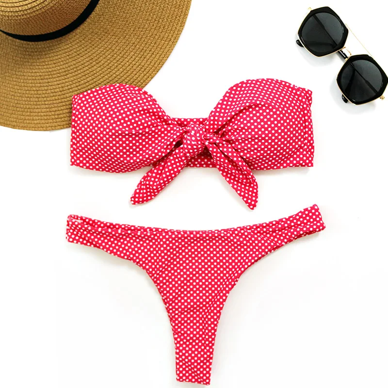 PLAVKY 2018 Sexy White Dot Bandeau Biquini Front Bow Knot Tie Swim Bathing Suit Swimsuit Swimwear Women Brazilian Bikini
