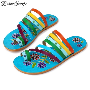 

Buono Scarpe Summer Bohemian Women Shoes Rainbow Colorful Flat Slippers Designer Ladies Sandals Beach Slippers Flip Flops Slides