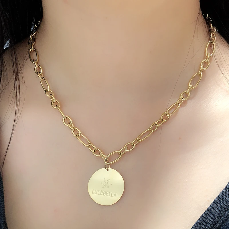 

No fading Famous Brand Stainless Titanium Steel Roman Numerals Love Circle Round Good luck Pendant Necklaces Women Wedding Gift