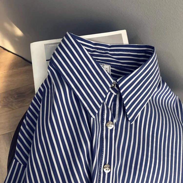 Spring New Blue Striped Loose Metal Button Shirt Female 2518